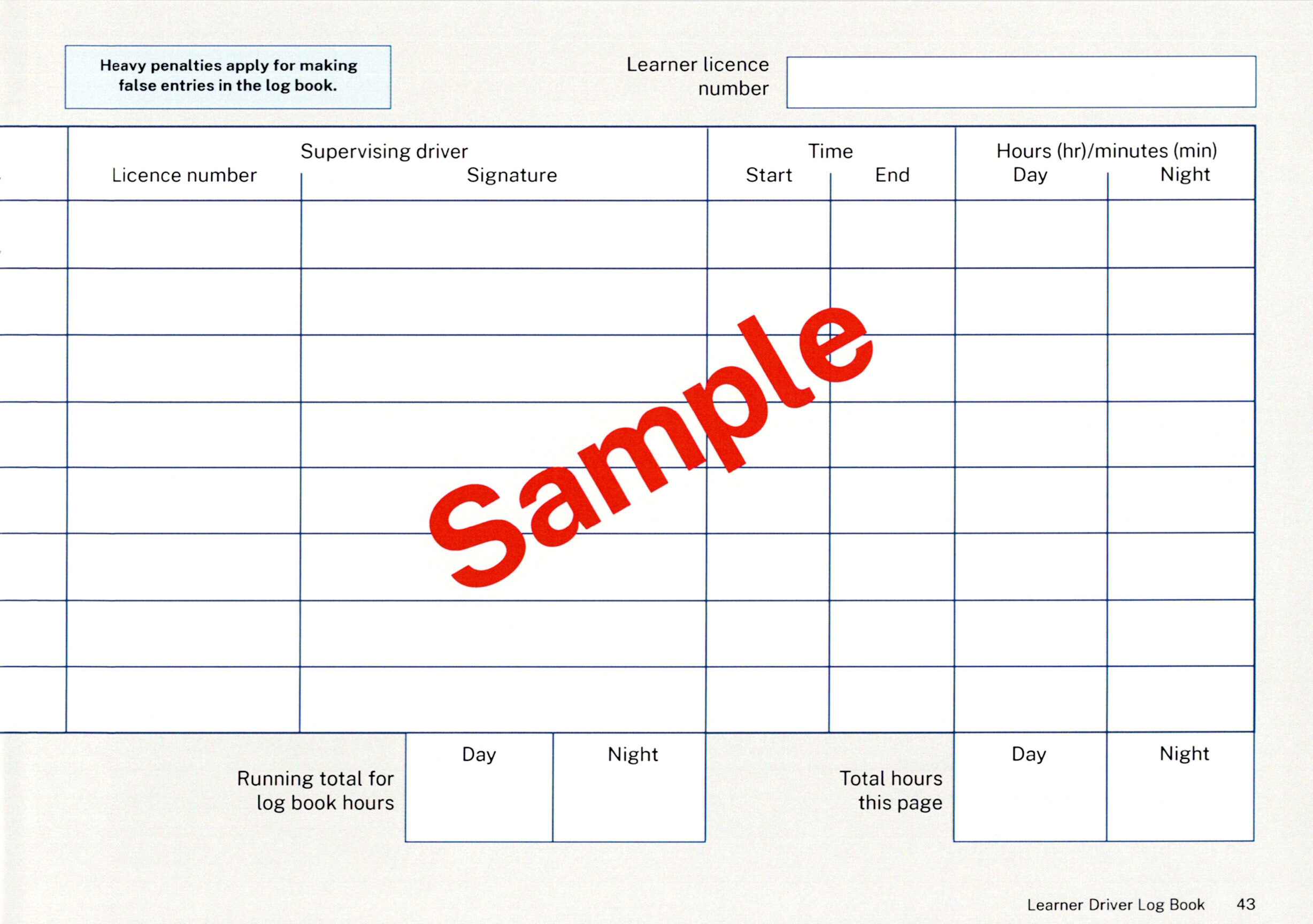 NSW Learner Driver Log Book supervisor signature columns, start and end times, and day or night hours tracking.