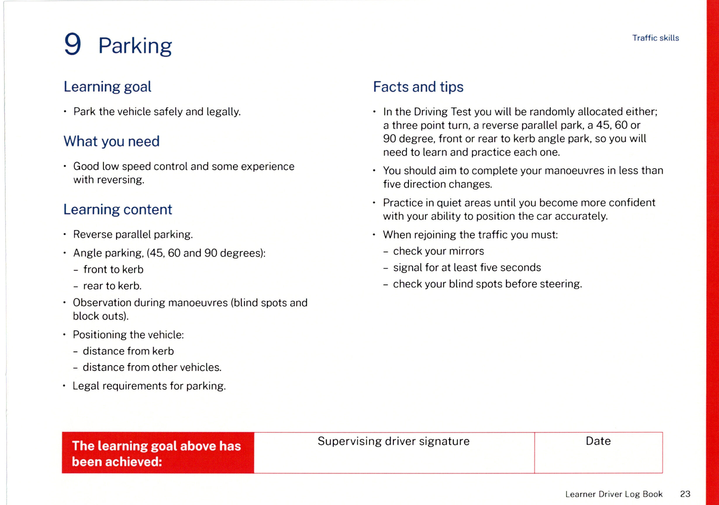 NSW Log Book Learning Goal 9: parking manoeuvres, reverse parallel parking, angle parking, and 5-second indicator signalling.