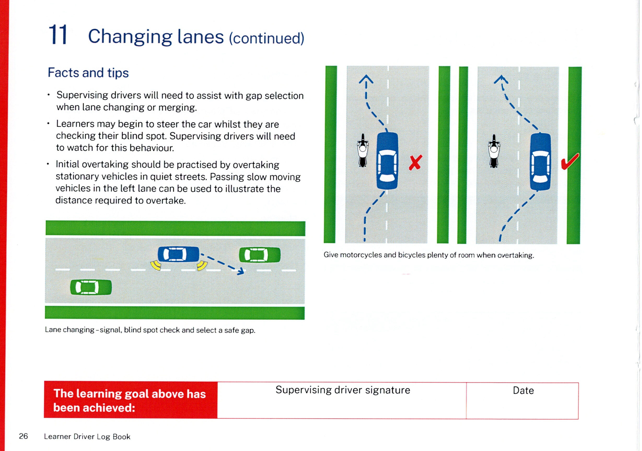 NSW Log Book Learning Goal 11: lane changing safety tips, gap selection, preventing steering drift, and overtaking cyclists.