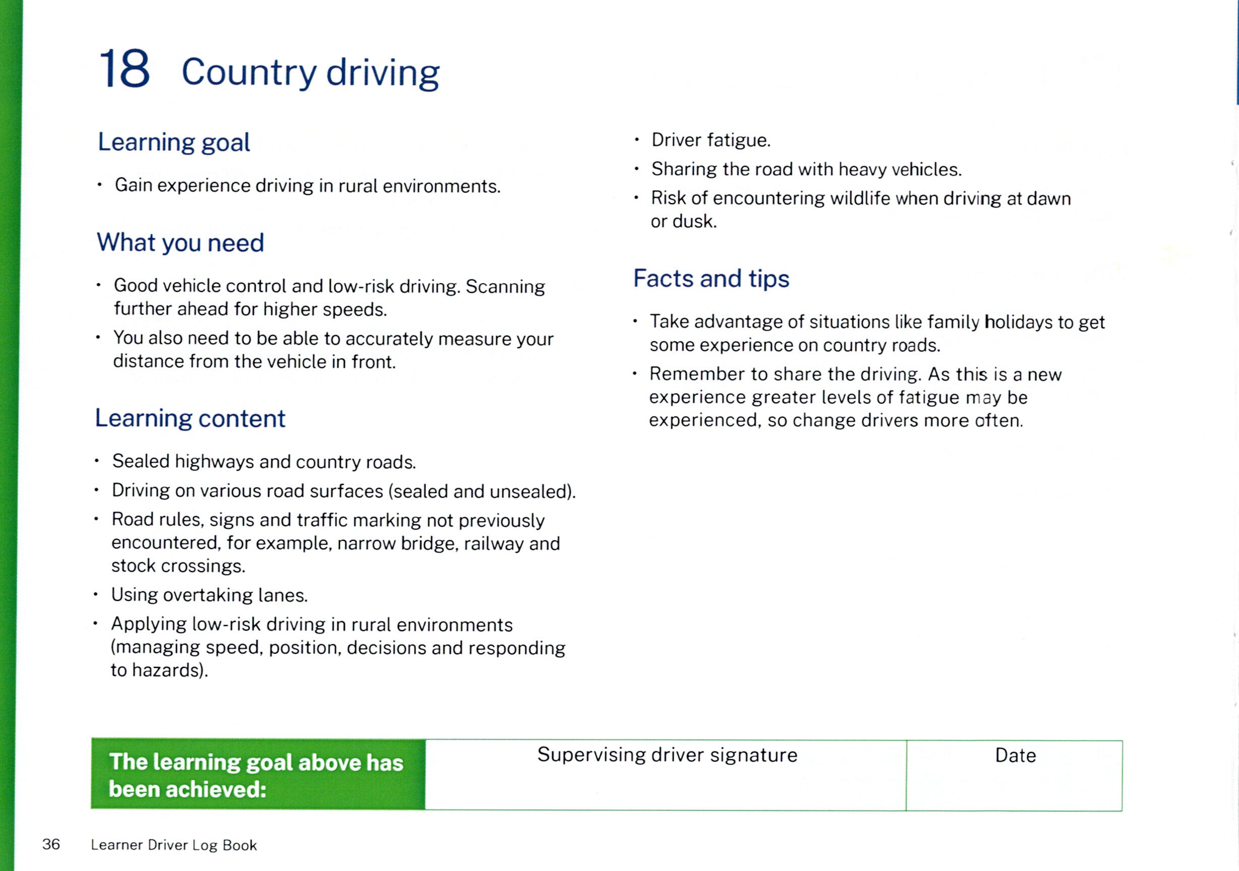 NSW Log Book Learning Goal 18: Country driving, high-speed rural roads, unsealed surfaces, fatigue, and overtaking.