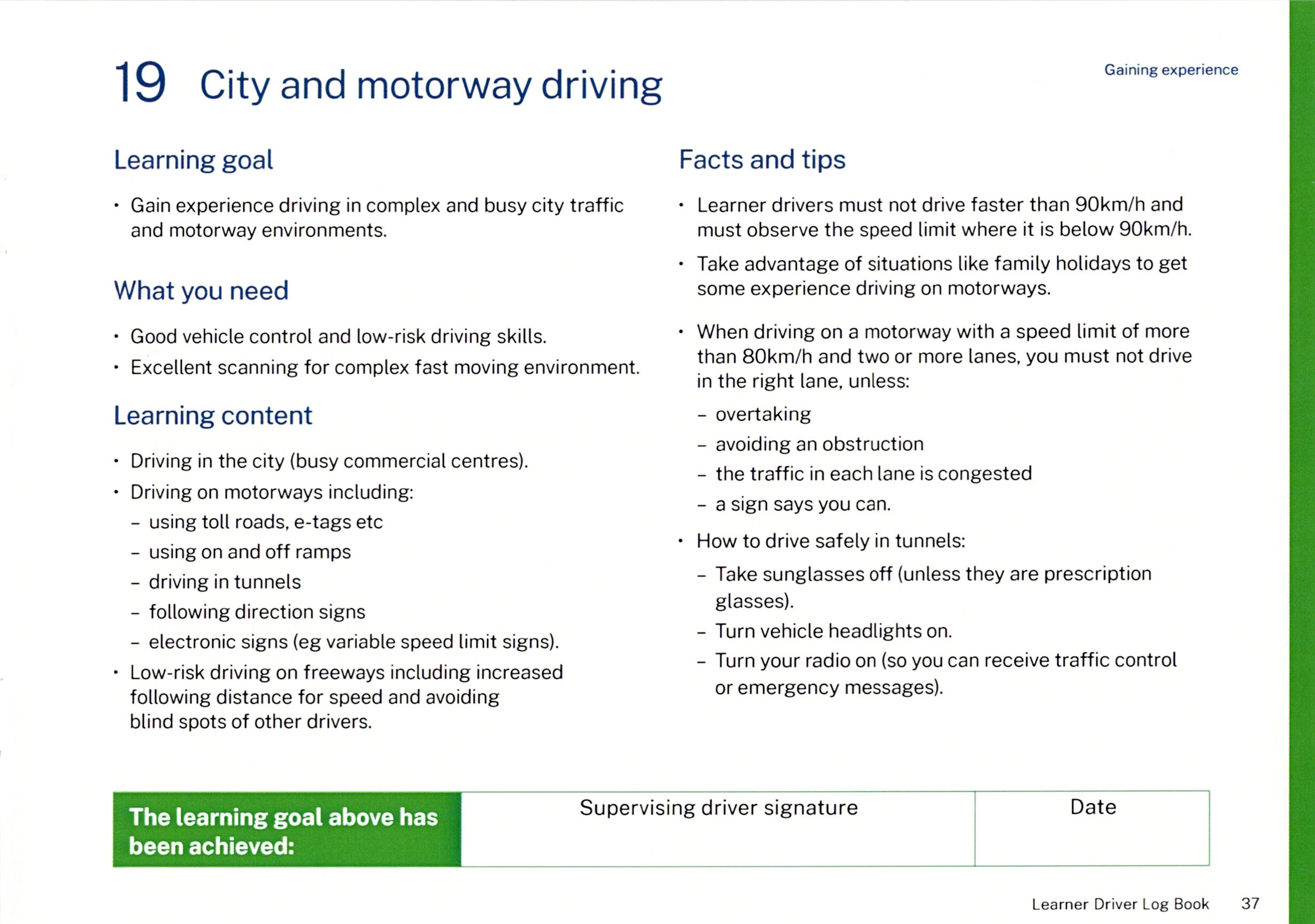 NSW Log Book Learning Goal 19: city traffic, motorway speed limits, lane selection, and tunnel safety rules.