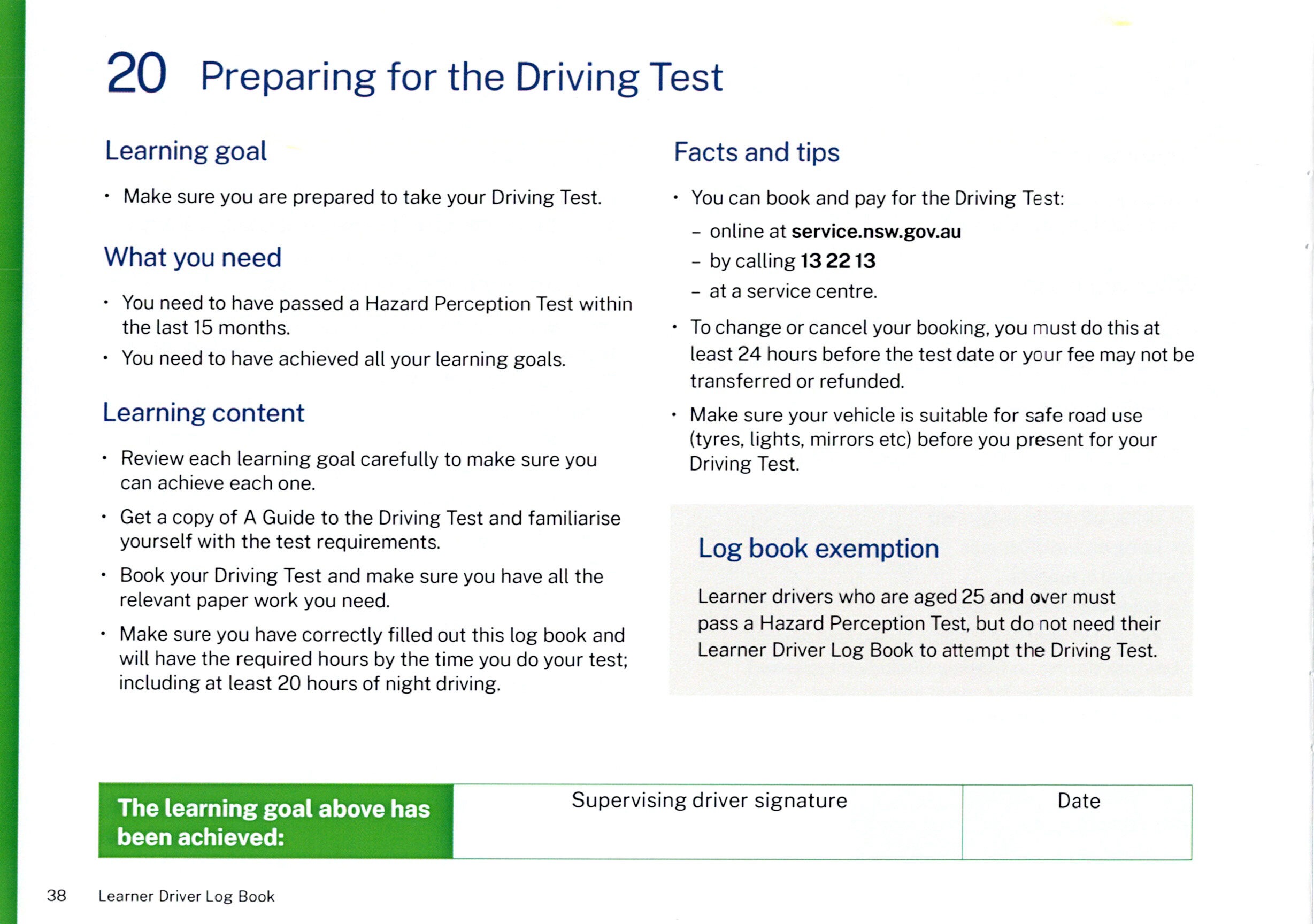 NSW Log Book Learning Goal 20: Driving Test booking, vehicle roadworthiness, and logbook exemptions for drivers 25+.