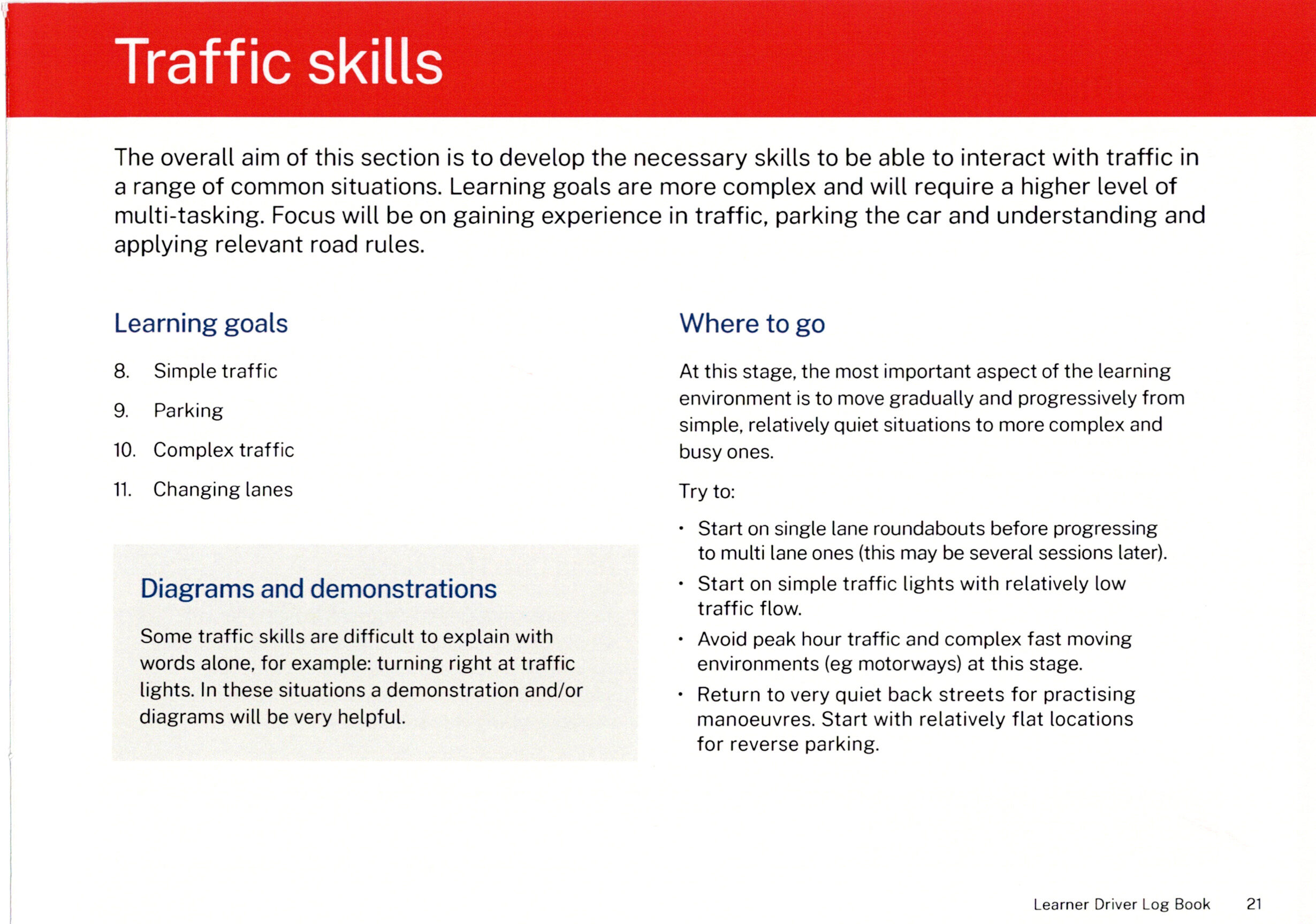 NSW Log Book Stage 2 Traffic Skills overview: progression from quiet streets to roundabouts and traffic lights.