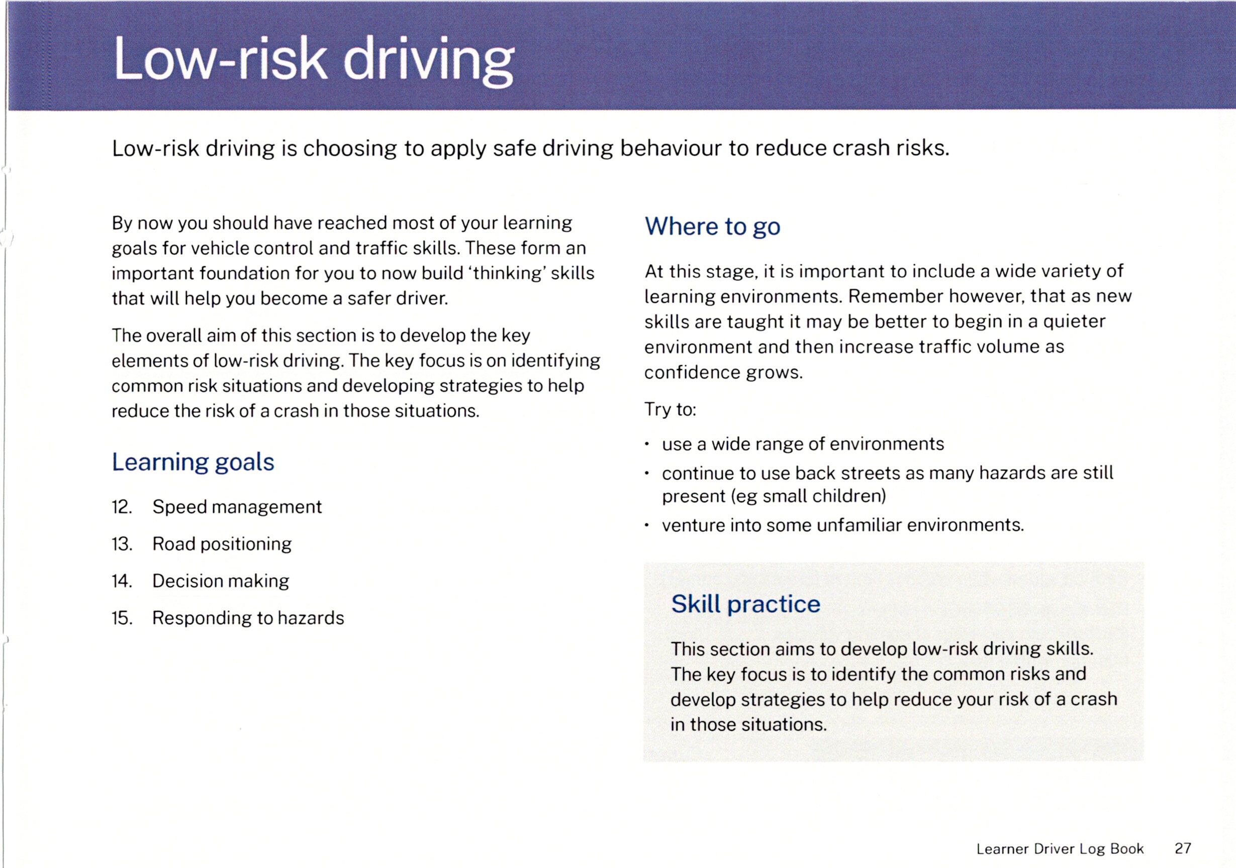 NSW Log Book Stage 3 Low-Risk Driving overview: speed management, road positioning, decision-making, and proactive hazard response.