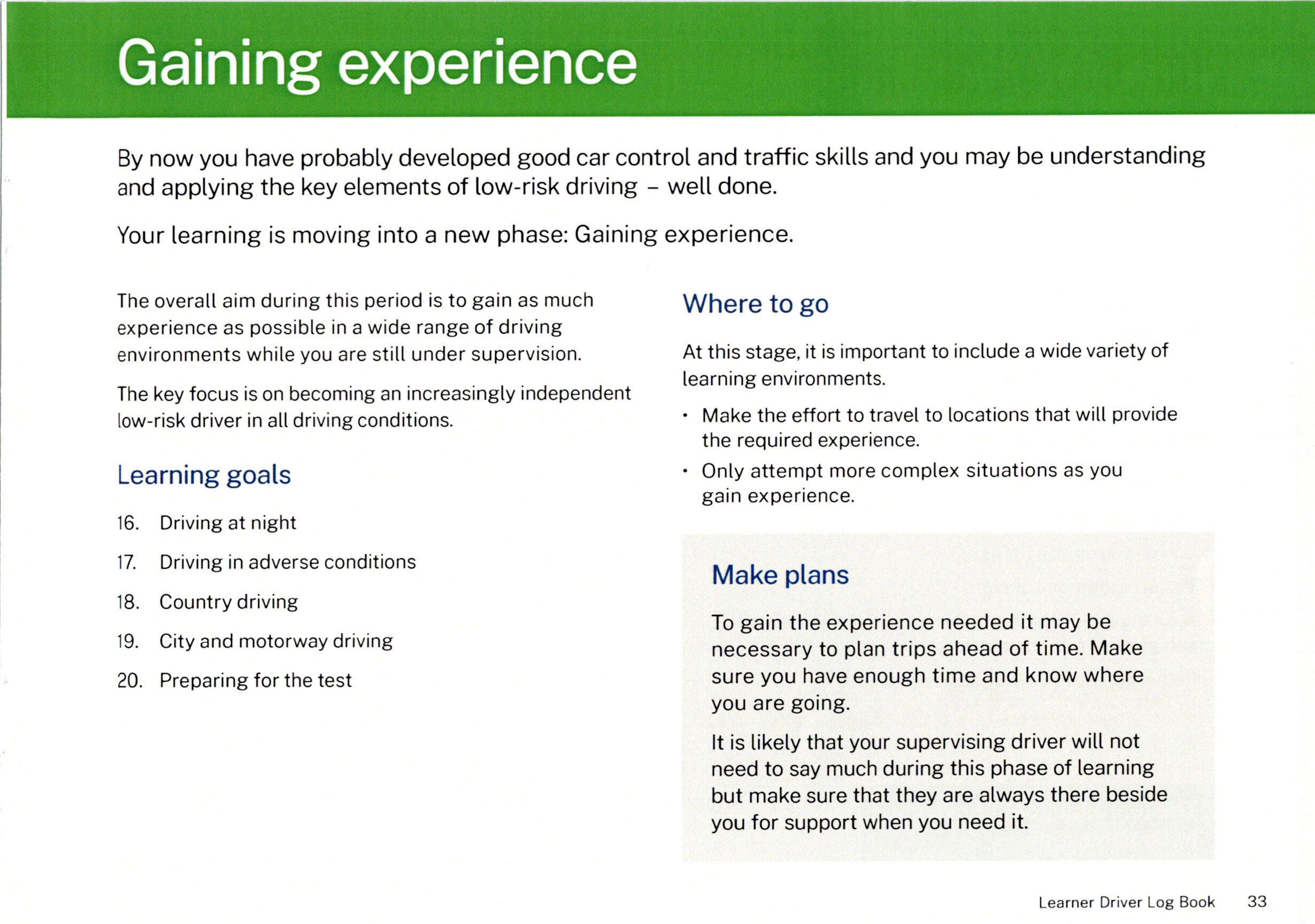 NSW Log Book Stage 4 Gaining Experience overview: independent low-risk driving and varied road conditions.
