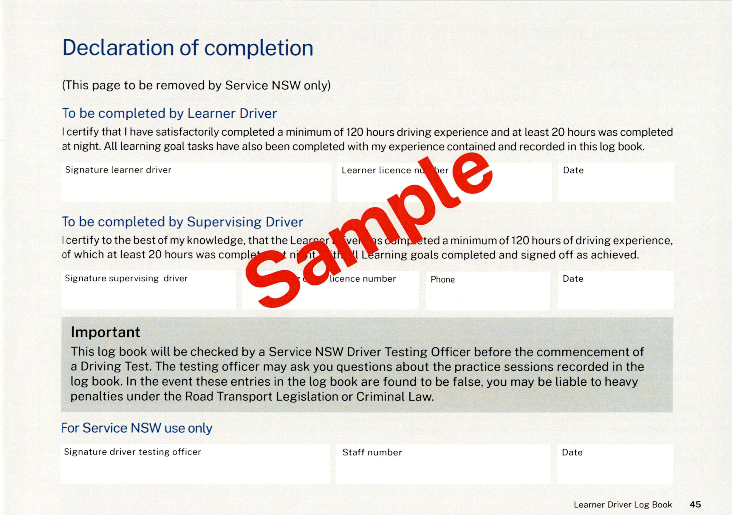 NSW Learner Driver Log Book Declaration of Completion form to be removed only by Service NSW testing officers.