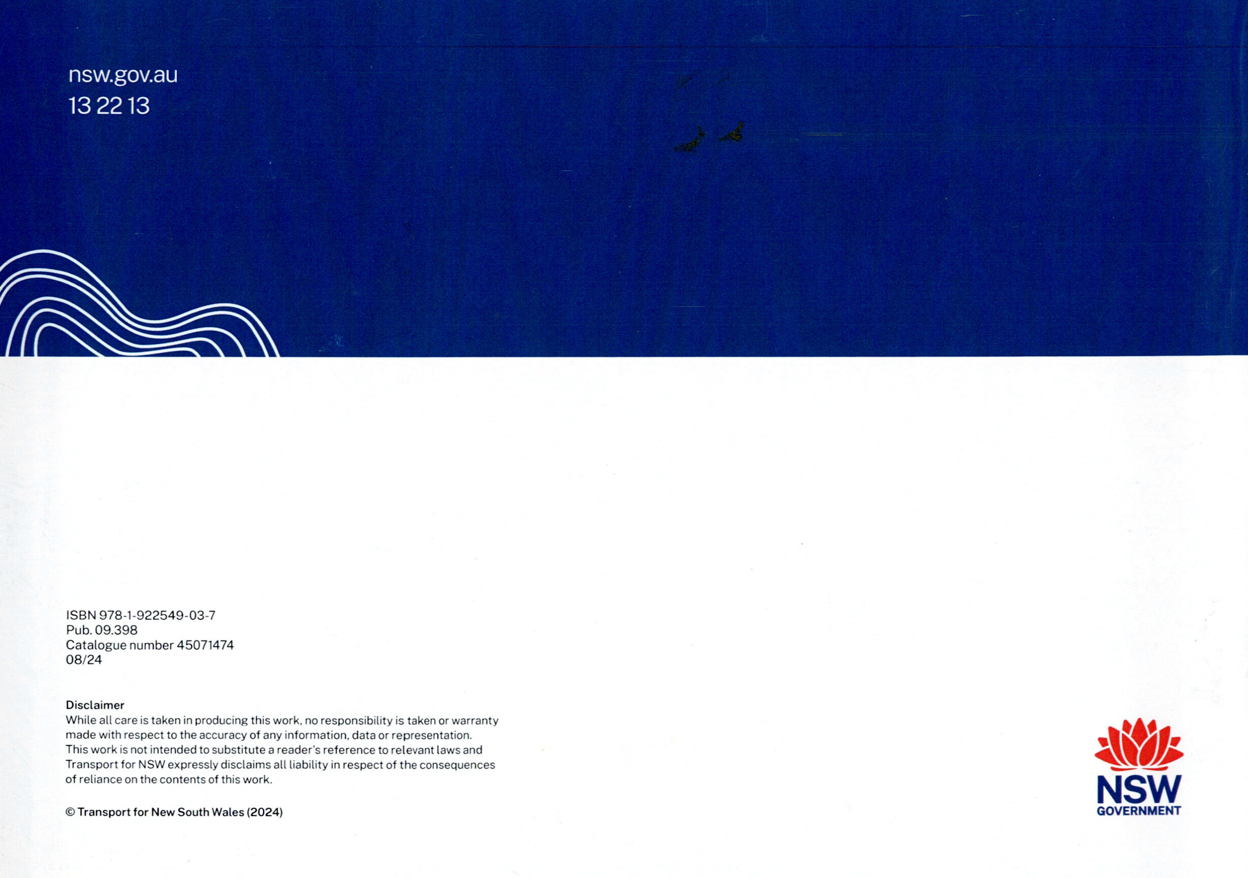 Official Transport for NSW publication metadata, contact details (13 22 13), and statutory publication disclaimer notices.