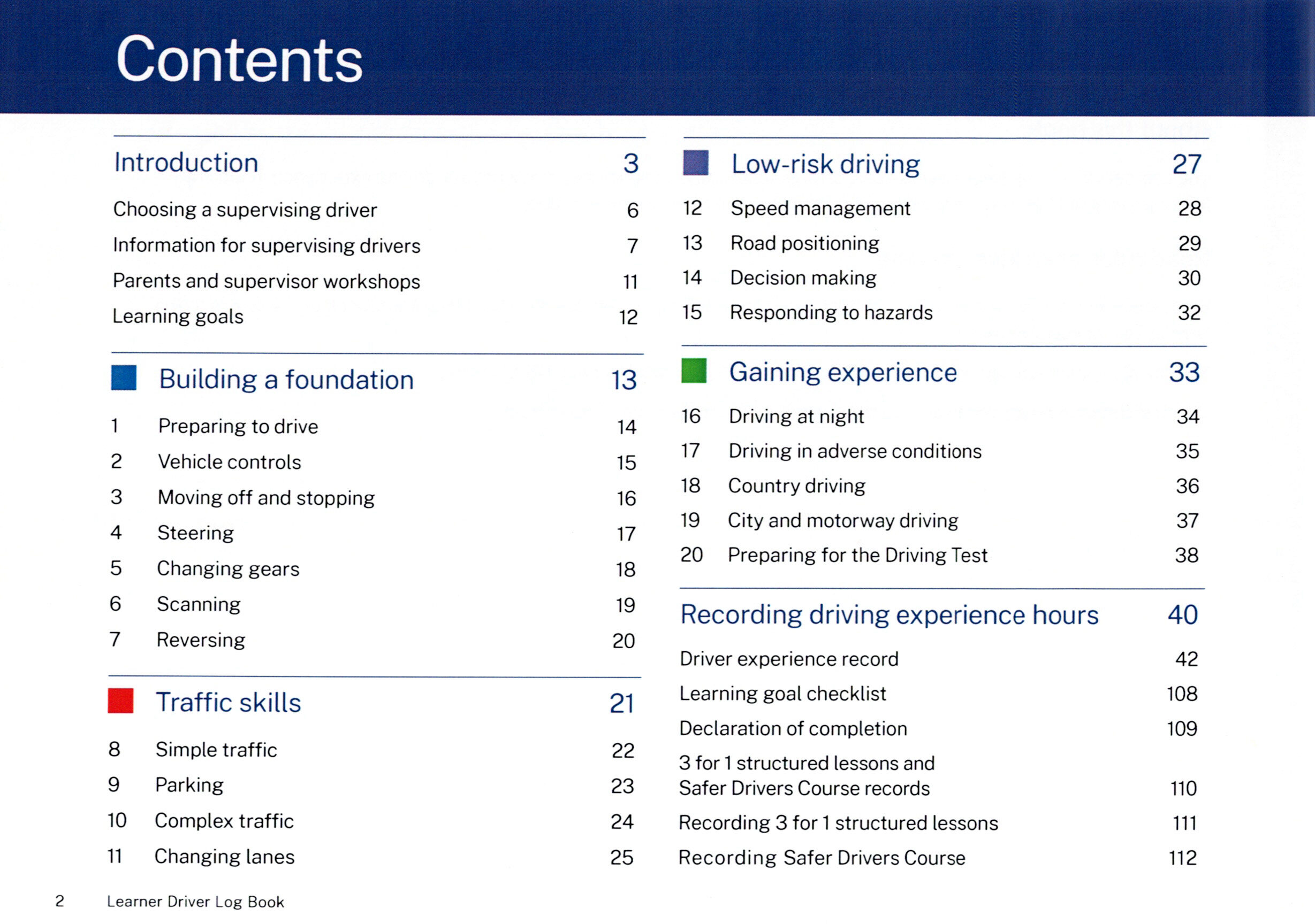 NSW Learner Driver Log Book Contents and Learning Goals