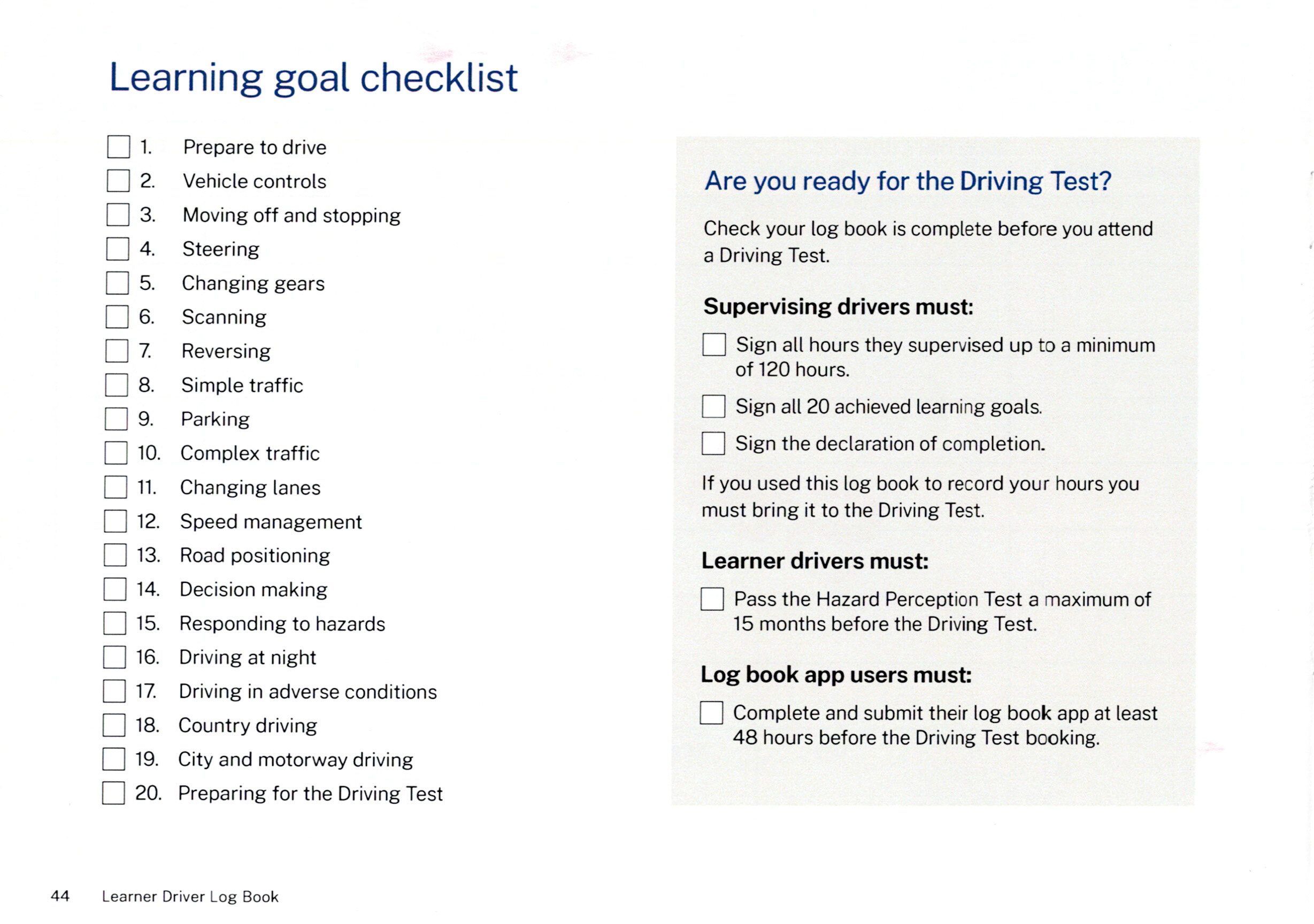 NSW Log Book 20 learning goals checklist and pre-test audit requirements for learners and supervising drivers.