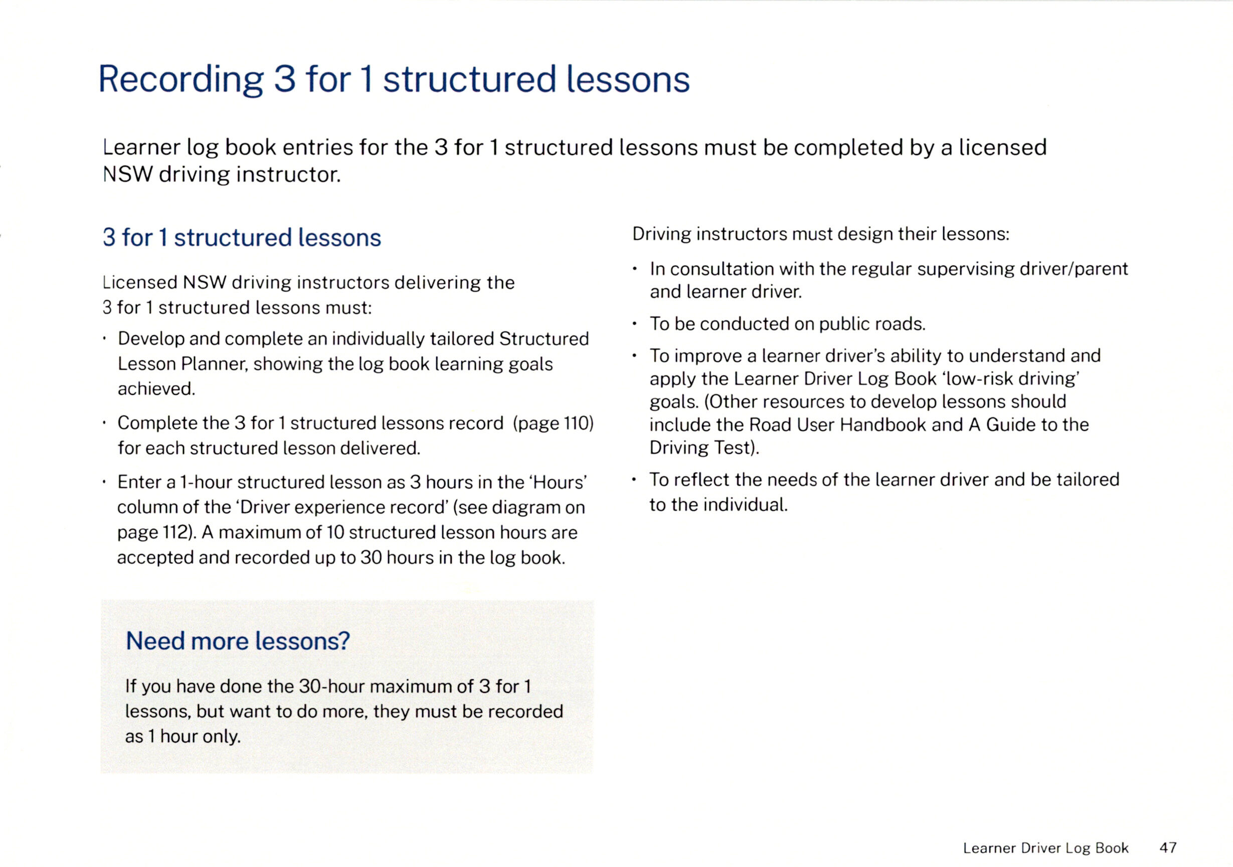 NSW Log Book guide on recording 3-for-1 structured lessons delivered by licensed instructors.