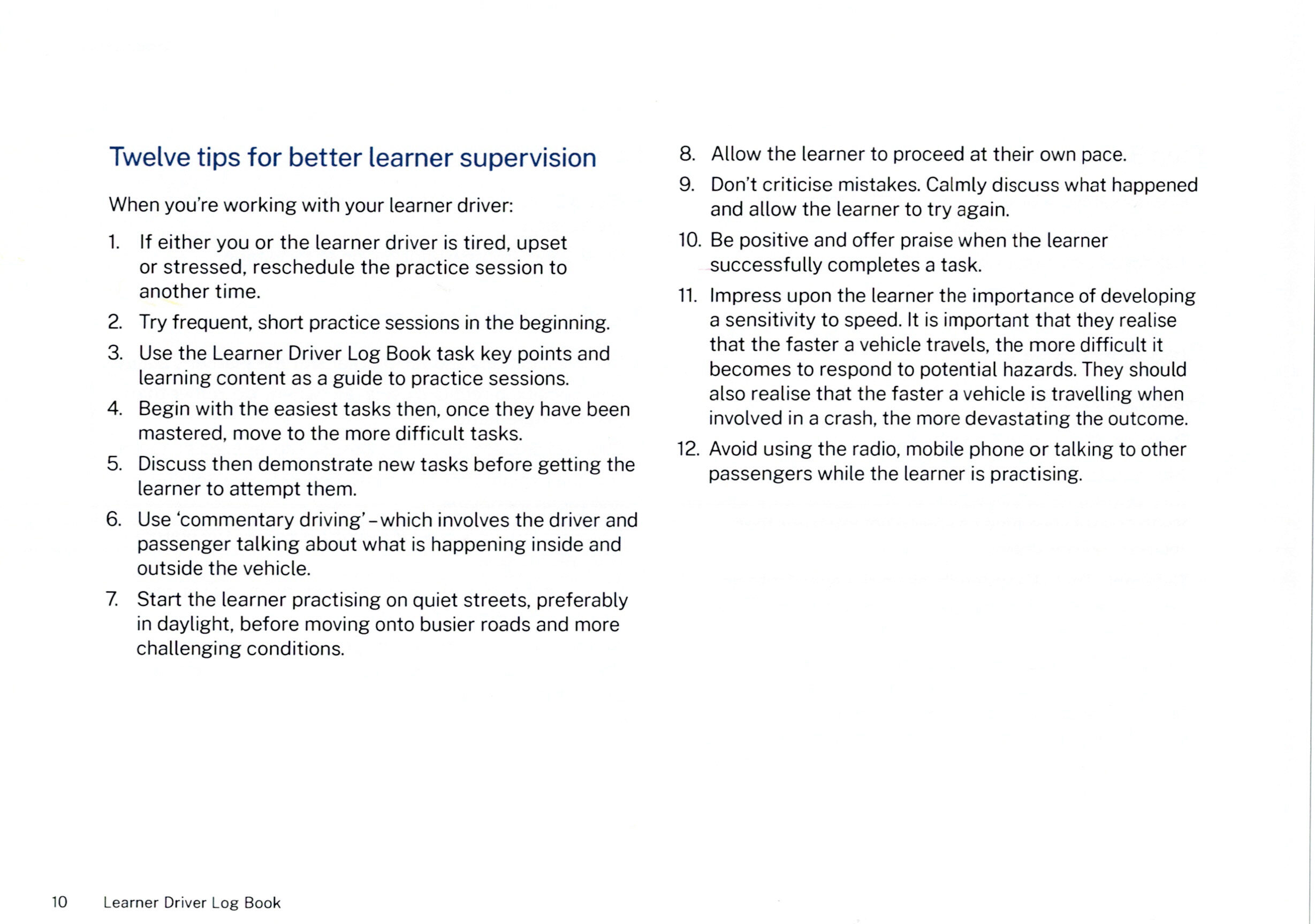 Twelve Tips for Better Learner Driver Supervision
